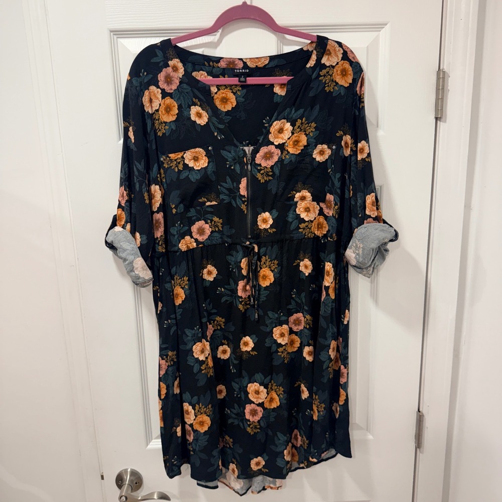 Torrid Floral Half Zip Roll Tab Sleeve 2 Mini Dress Pockets Black Orange 2X Plus